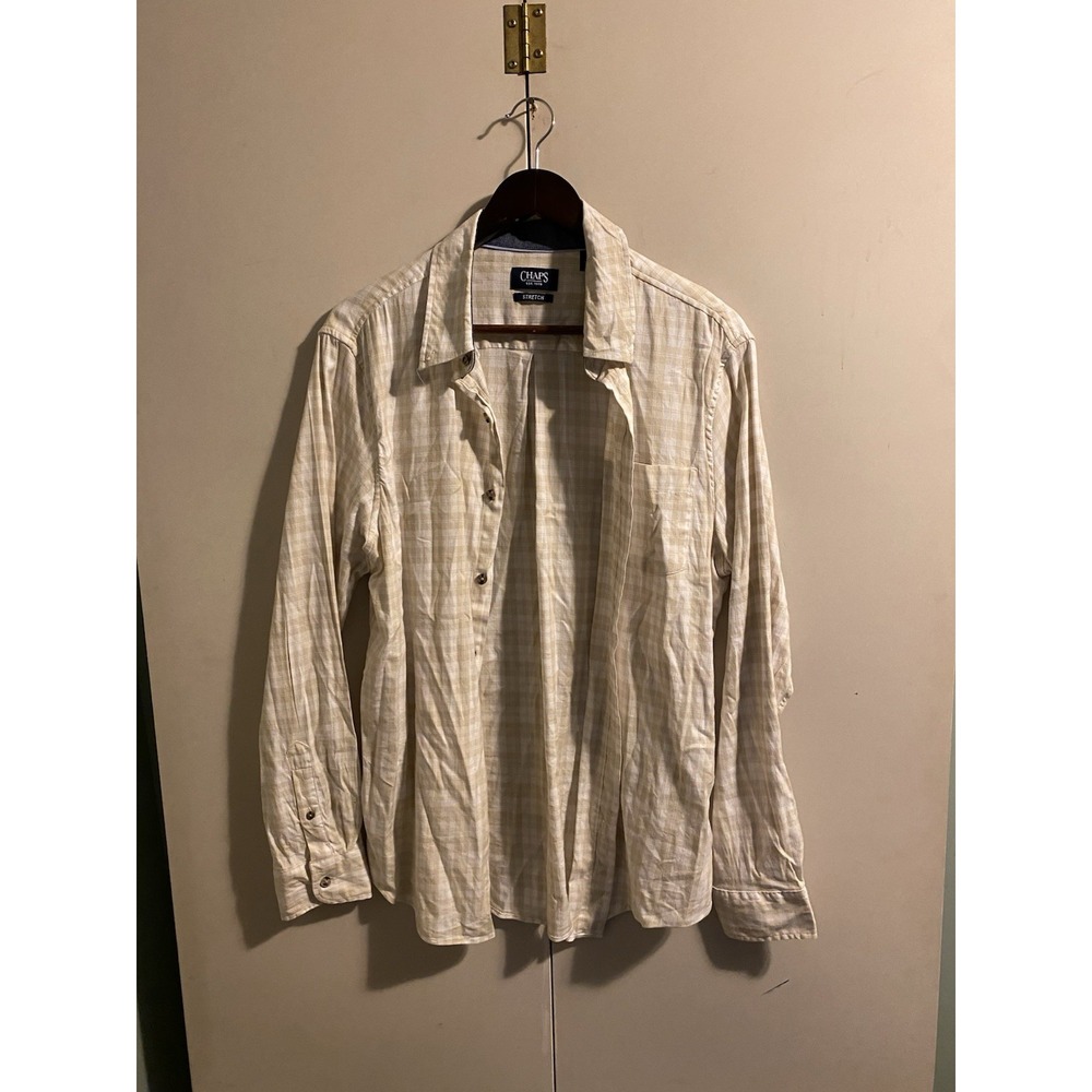 Chaps Mens Large L Stretch Button Down Shirt Plaid Beige Cream Long Sleeve